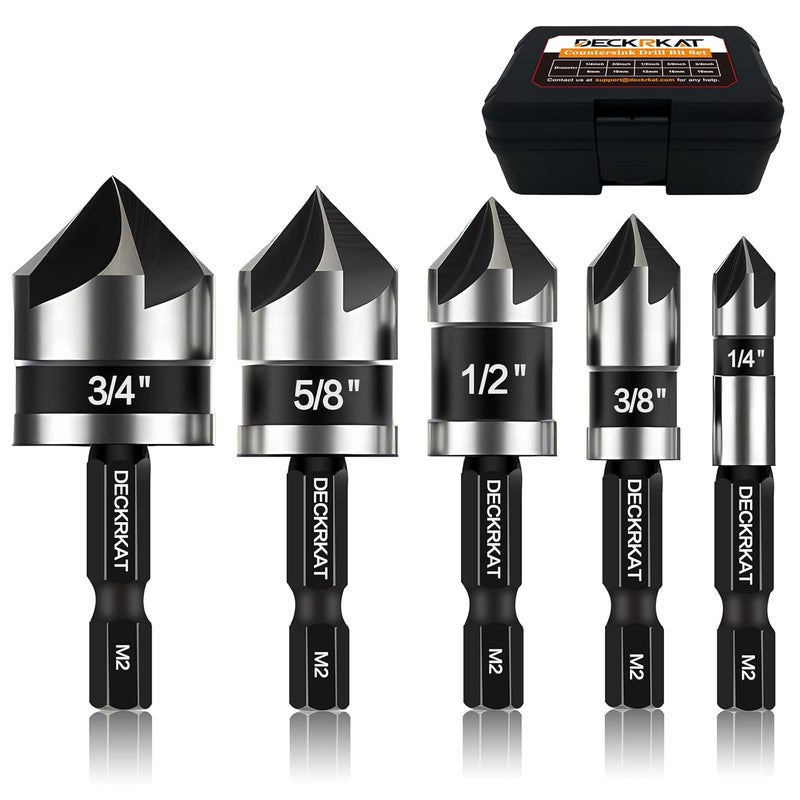 DECKRKAT Store 5 Pcs Countersink Drill Bit Set, Industrial Grade M2 High-Speed Steel, 82 Degree, 5 Flute with 1/4” Quick Change Hex Shank, 1/4" to 3/4" Size for Metal, Wood & Plastic - Includes Durable Case - Image 1